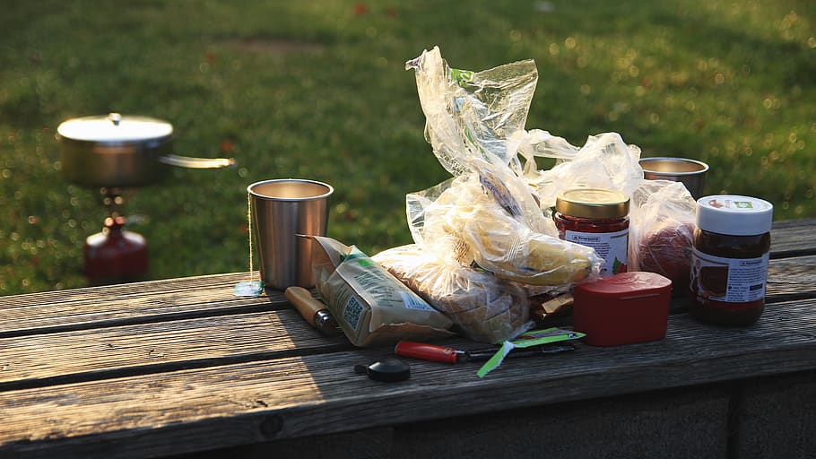 labeled containers on brown bench, wood - material, table, food and drink HD wallpaper