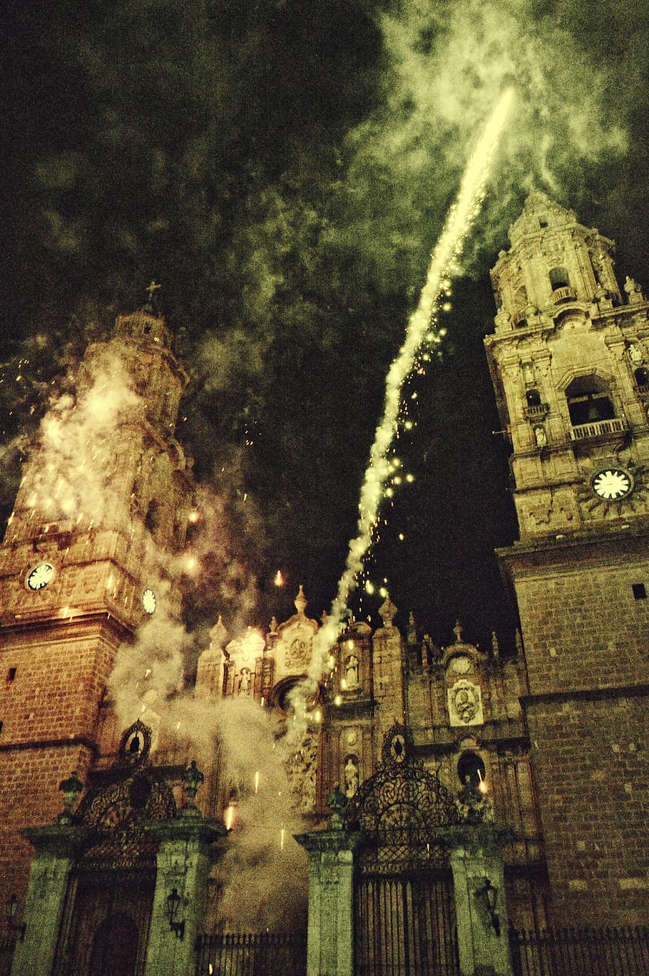 Fireworks In Front Of A Cathedral, ancient, architecture, building HD wallpaper