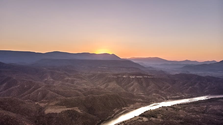 drone, sunset, river, sky, nature, landscape, forest, rural HD wallpaper