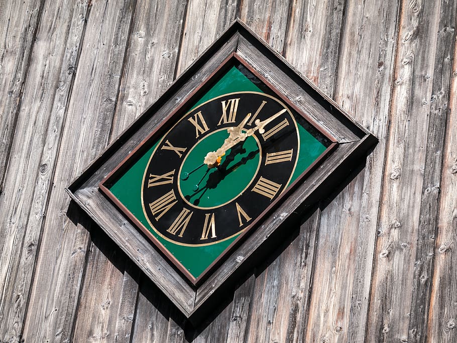 Square Brown and Green Analog Clock on Brown Surface, time, wall HD wallpaper