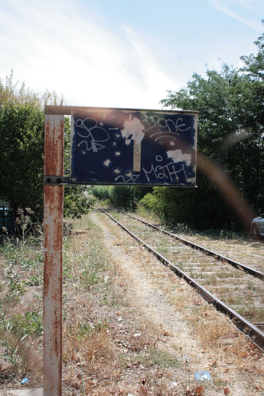 train, track, grass, industrial, iron, rust, sign, plant, railroad track HD wallpaper