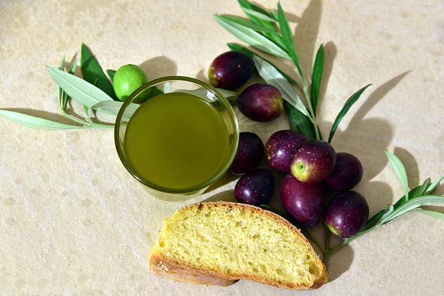 olive oil, olives, bread, olive branch, mediterranean, starter, HD wallpaper