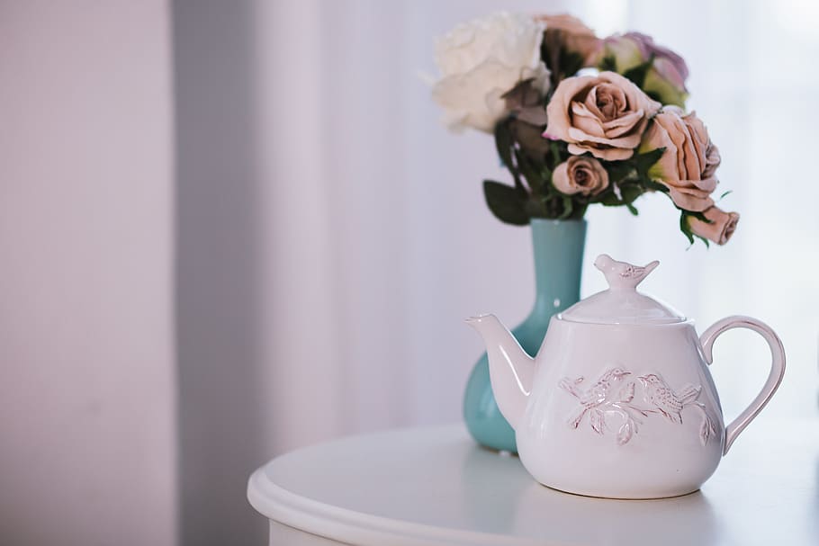 tea, pot, flowers, table, white, drink, food, nature, plants HD wallpaper