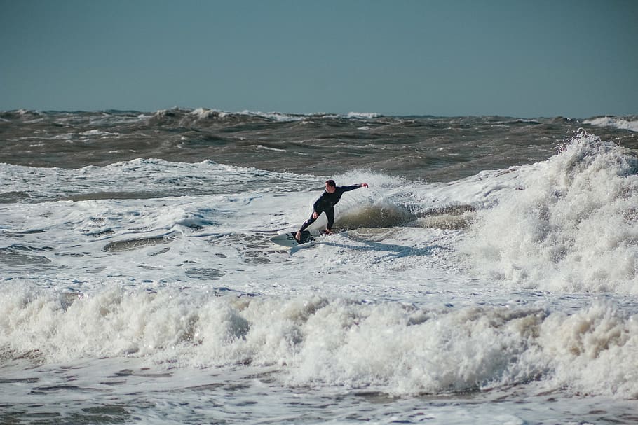 person surfing with waves, sea, water, nature, ocean, outdoors HD wallpaper