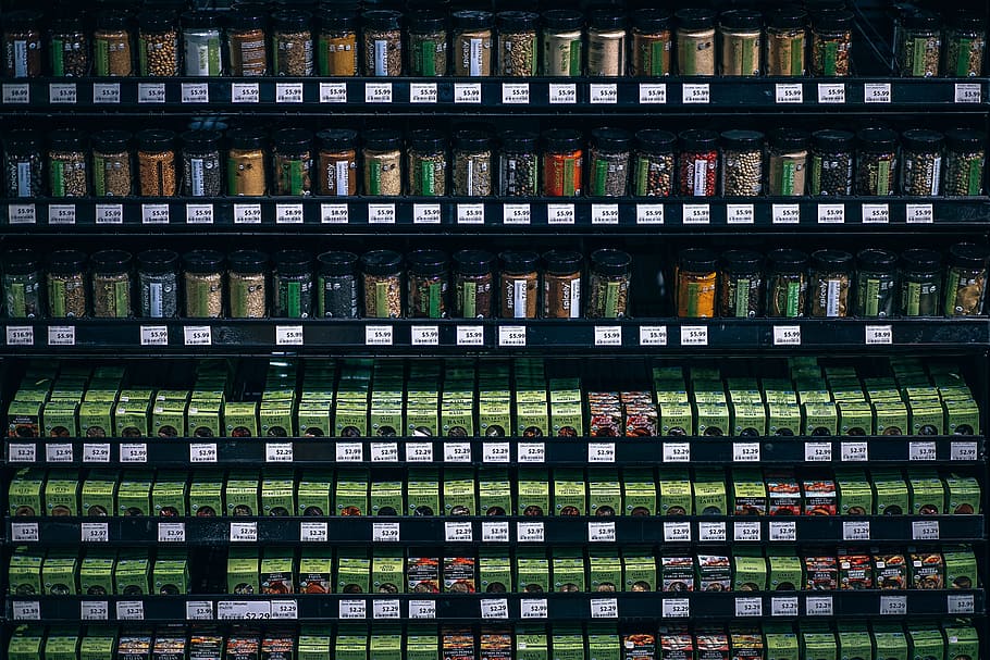 Photo of Herbs and Spices in the Grocery Store, assortment, bottles HD wallpaper