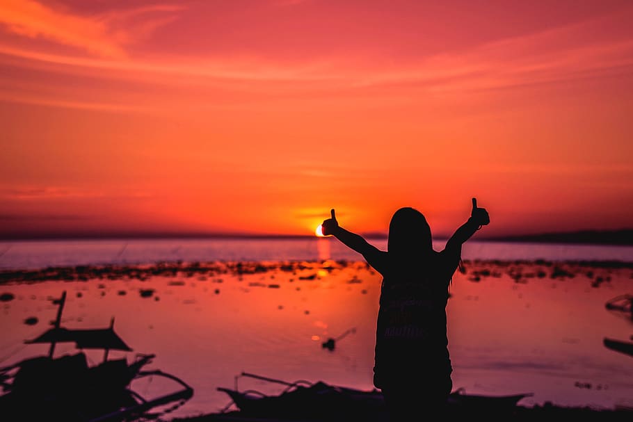 sunset, silhouette, human arm, sky, arms raised, one person HD wallpaper
