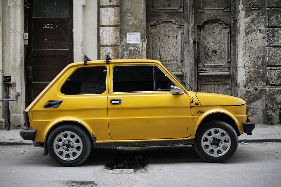 yellow 3-door hatchback, mode of transportation, architecture HD wallpaper