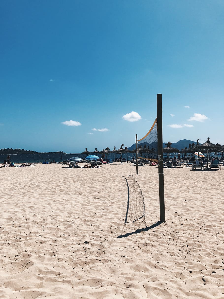 spain, pollença, sand, beach, summer, sea, volleyball, land HD wallpaper