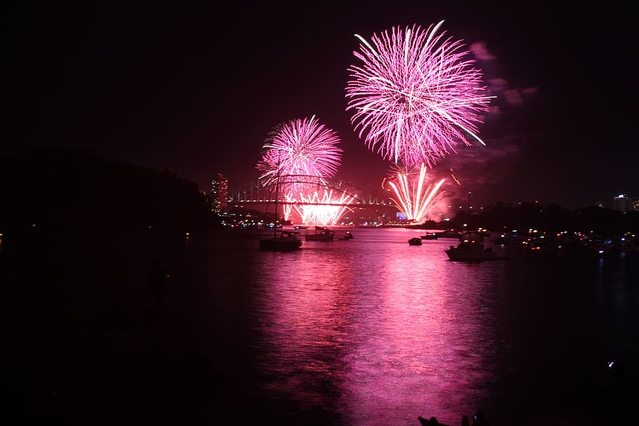 fireworks, nye, new years eve, sydney, harbour bridge, pink