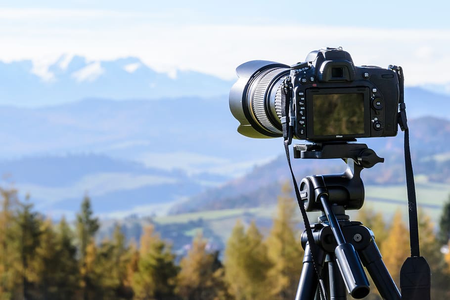 Black Dslr Camera Mounted on Black Tripod, landscape, mountain HD wallpaper