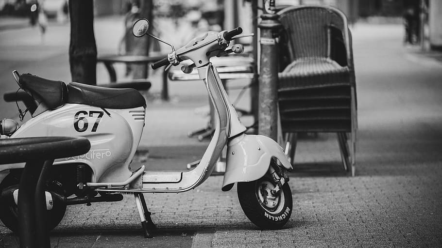 grayscale photography of motor scooter, vehicle, motorcycle, vespa, HD wallpaper