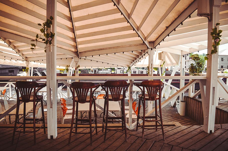 Brown Wooden Bar Stools, architecture, ceiling, chairs, city HD wallpaper