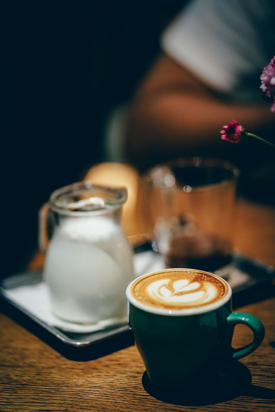 Cup of Coffee Latte Near Cream Pitcher, beverage, blur, brown HD wallpaper