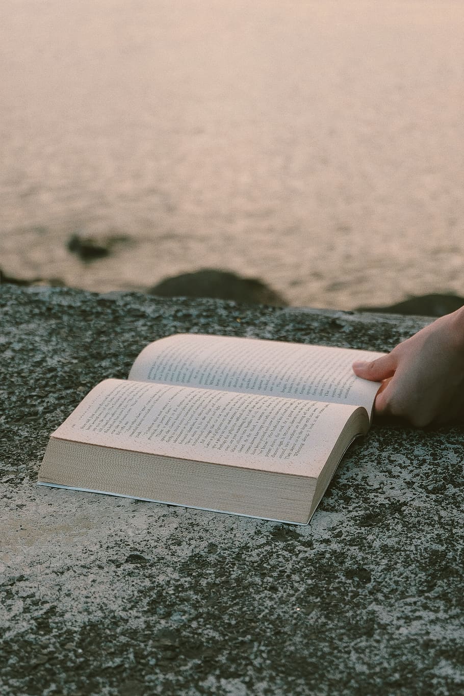 Opened Book on Grey Concrete Near Beach, hand, rock, human hand HD wallpaper