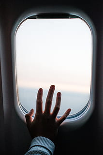 person touching airplane window, hand, aeroplane, travel, transport HD wallpaper