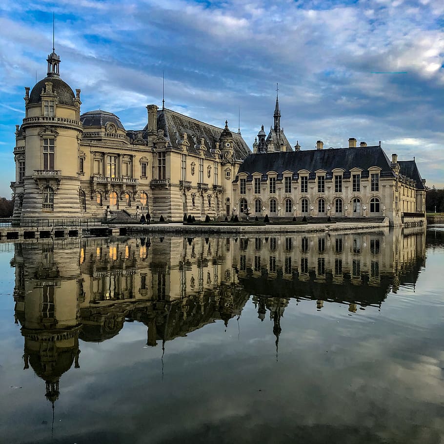 chantilly, chateau, palace, reflection, water, details, architecture, HD wallpaper