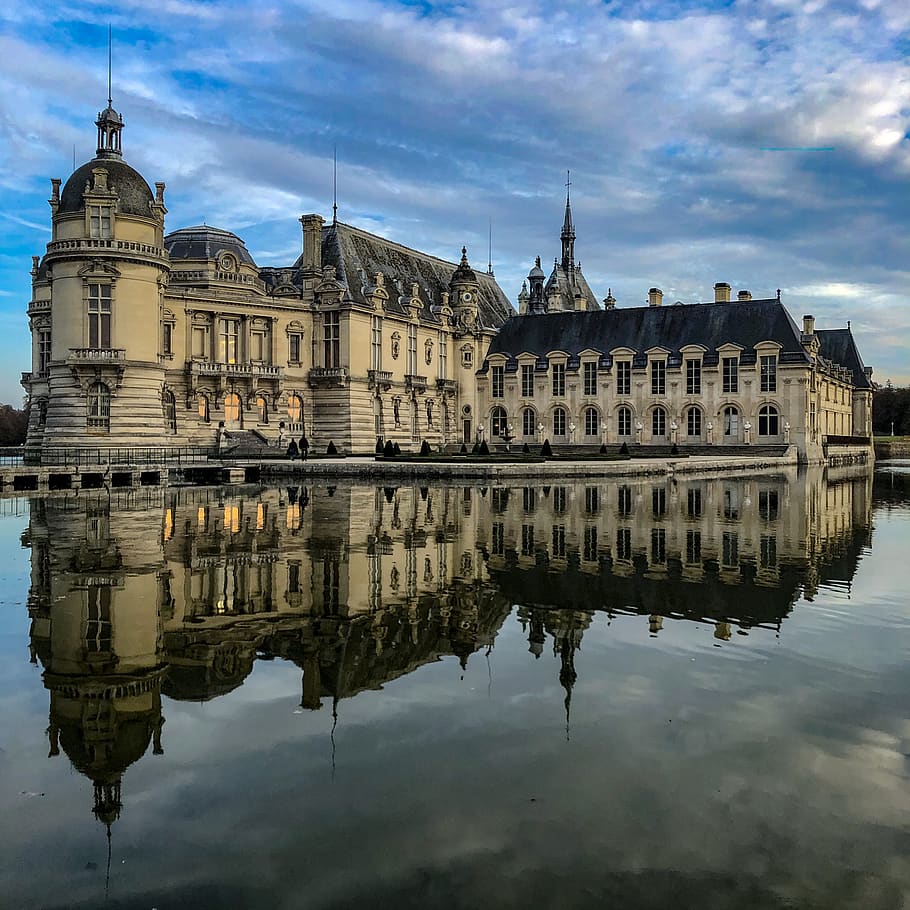 HD wallpaper: chantilly, chateau, palace, reflection, water, details