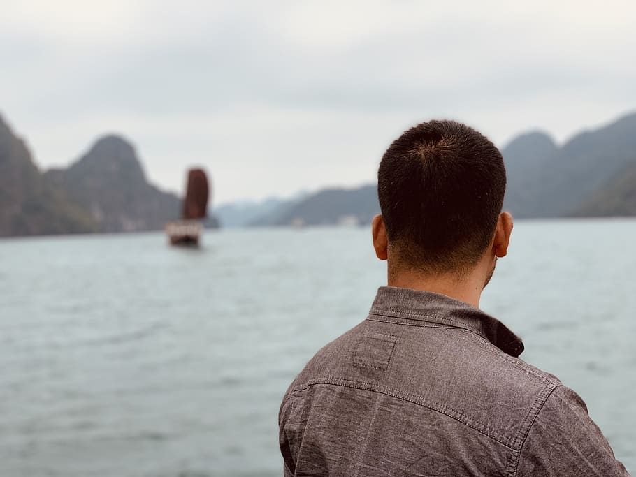 man in gray collared top, rear view, water, real people, one person HD wallpaper