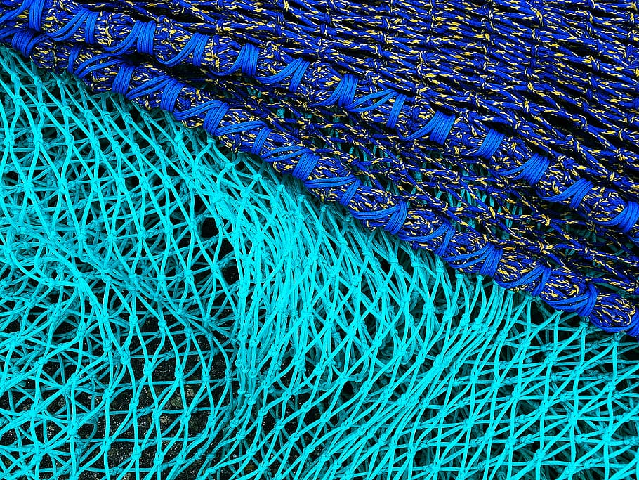 blue textile beside green net, full frame, pattern, backgrounds HD wallpaper