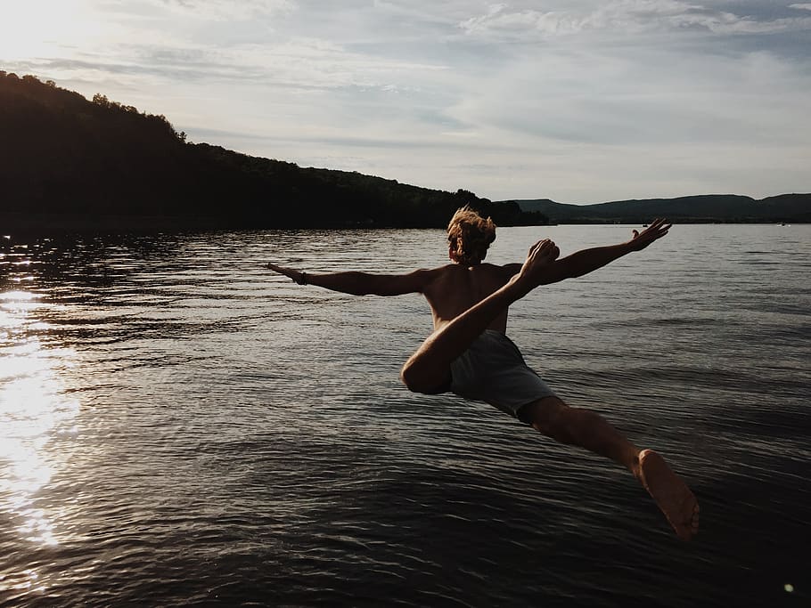 diving, fun, lake, man, person, river, sunset, water, one person HD wallpaper
