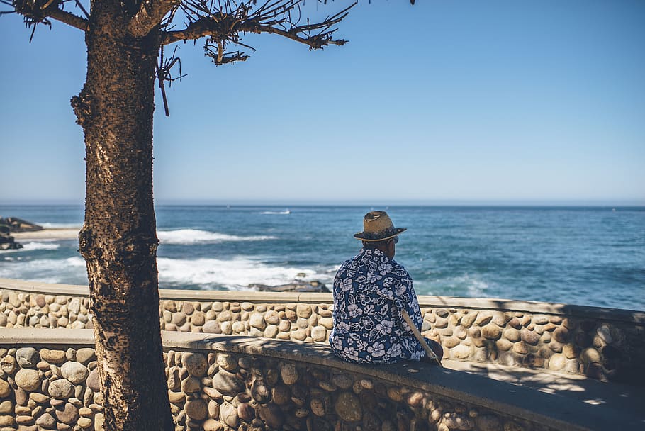 people, man, alone, chill, relax, stone, rock, water, ocean HD wallpaper