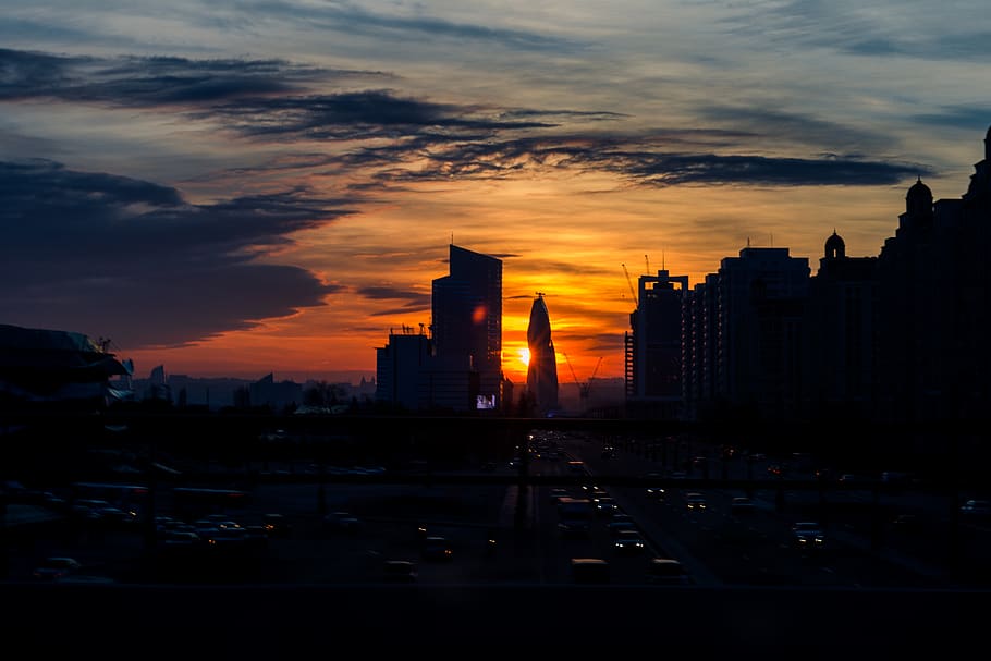 sunset, city, baku, azerbaijan, bridge, urban, photography HD wallpaper