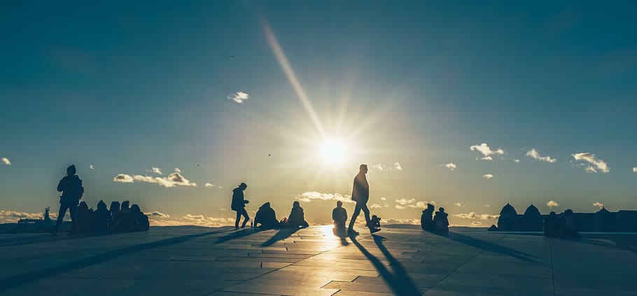 sunset, silhouettes, shadow, oslo, opera, people, landscape HD wallpaper