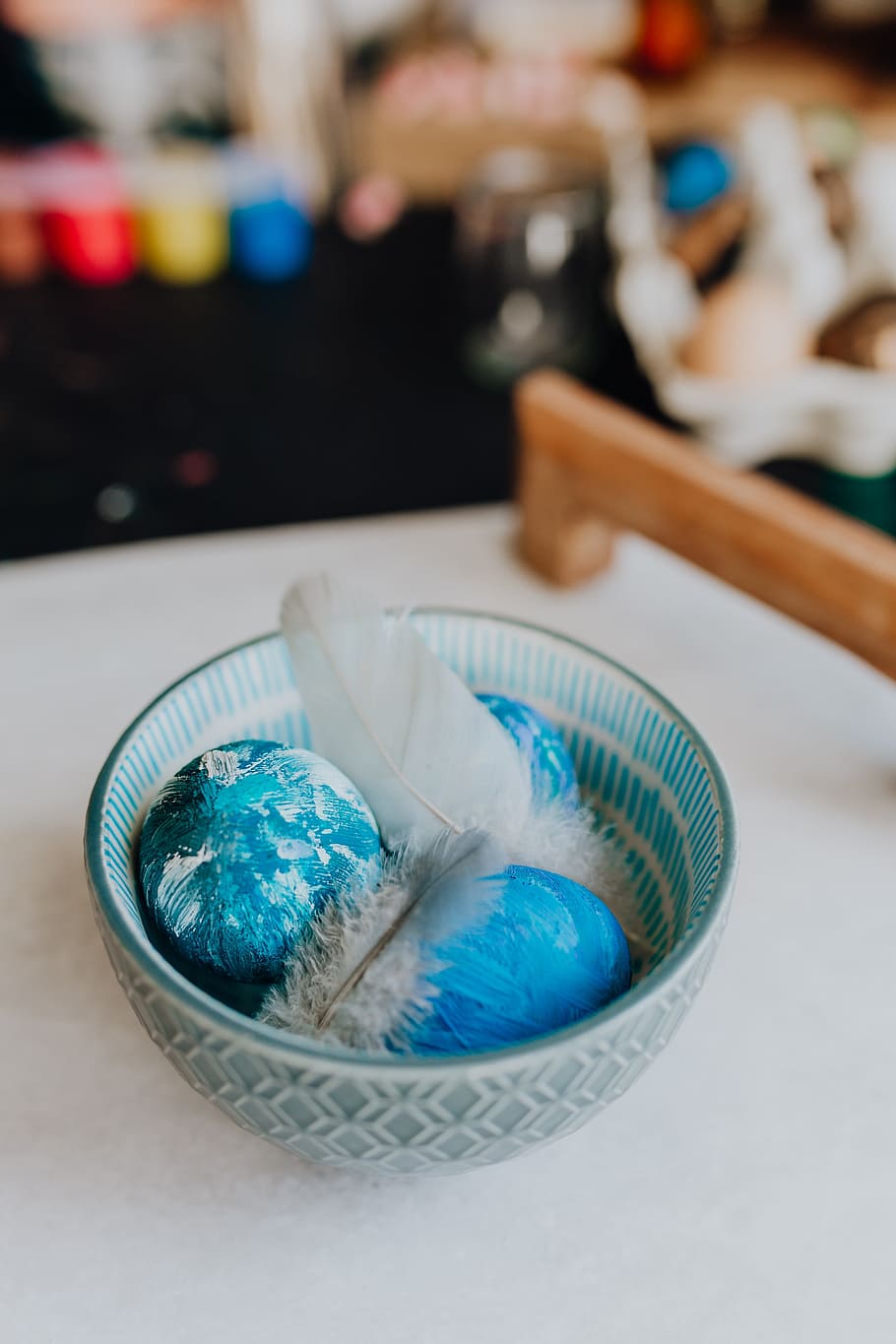 Blue Easter Eggs, colorful, painted, focus on foreground, table