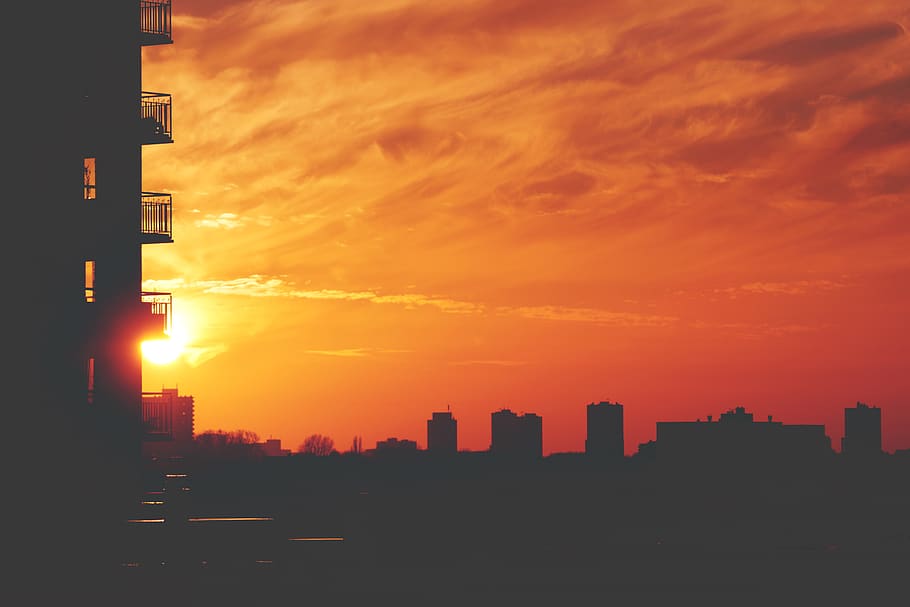 architecture, building, infrastructure, sunset, silhouette HD wallpaper