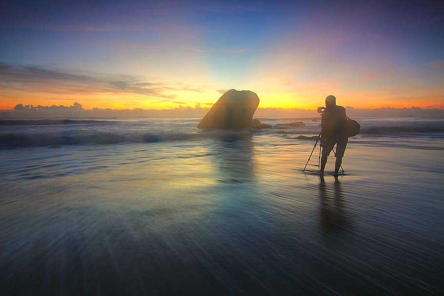 Silhouette Photography of Person on Seashore, beach, boulder HD wallpaper