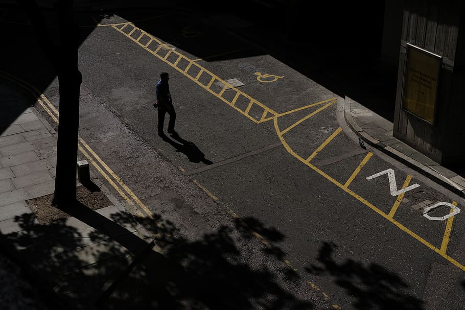 man walking on road, full length, sign, symbol, high angle view HD wallpaper