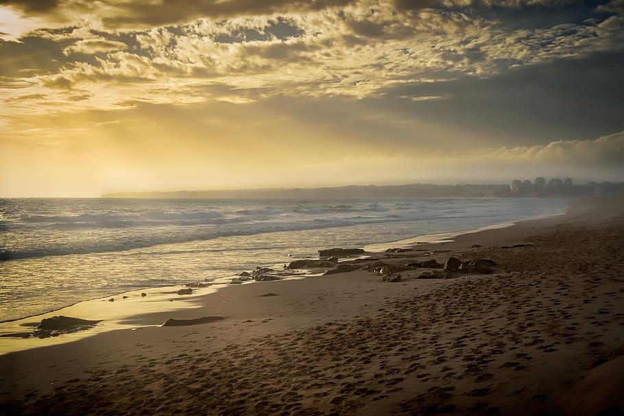 beach, storm, mist, clouds, sky, sun, haze, sunlight, scenic HD wallpaper