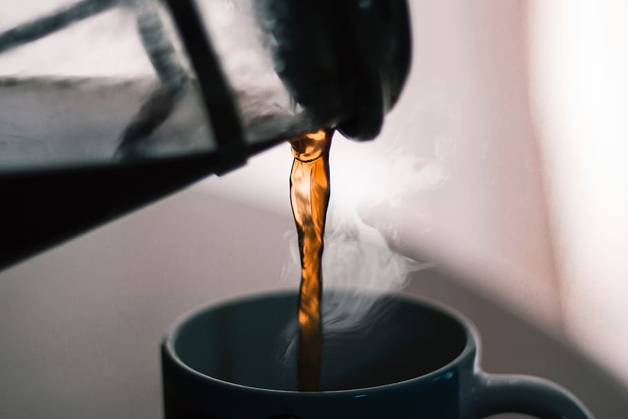 coffee poured into cup, pouring, close-up, indoors, drink, motion HD wallpaper
