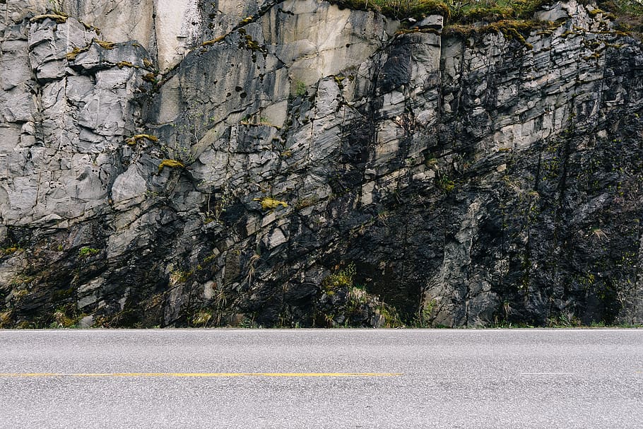 road, pavement, rocks, cliff, plant, no people, tree, transportation HD wallpaper