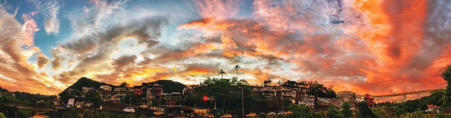 Village Houses during Sunset, architecture, city, clouds, dawn HD wallpaper