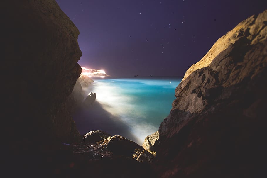 france, nice, night, beach, long exposure, rocks, water, sea HD wallpaper