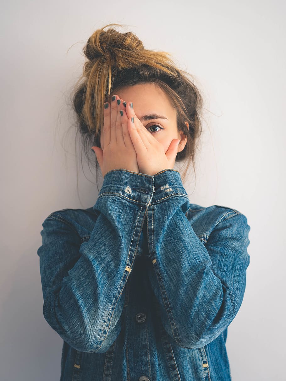 woman in blue denim jacket, clothing, apparel, pants, person