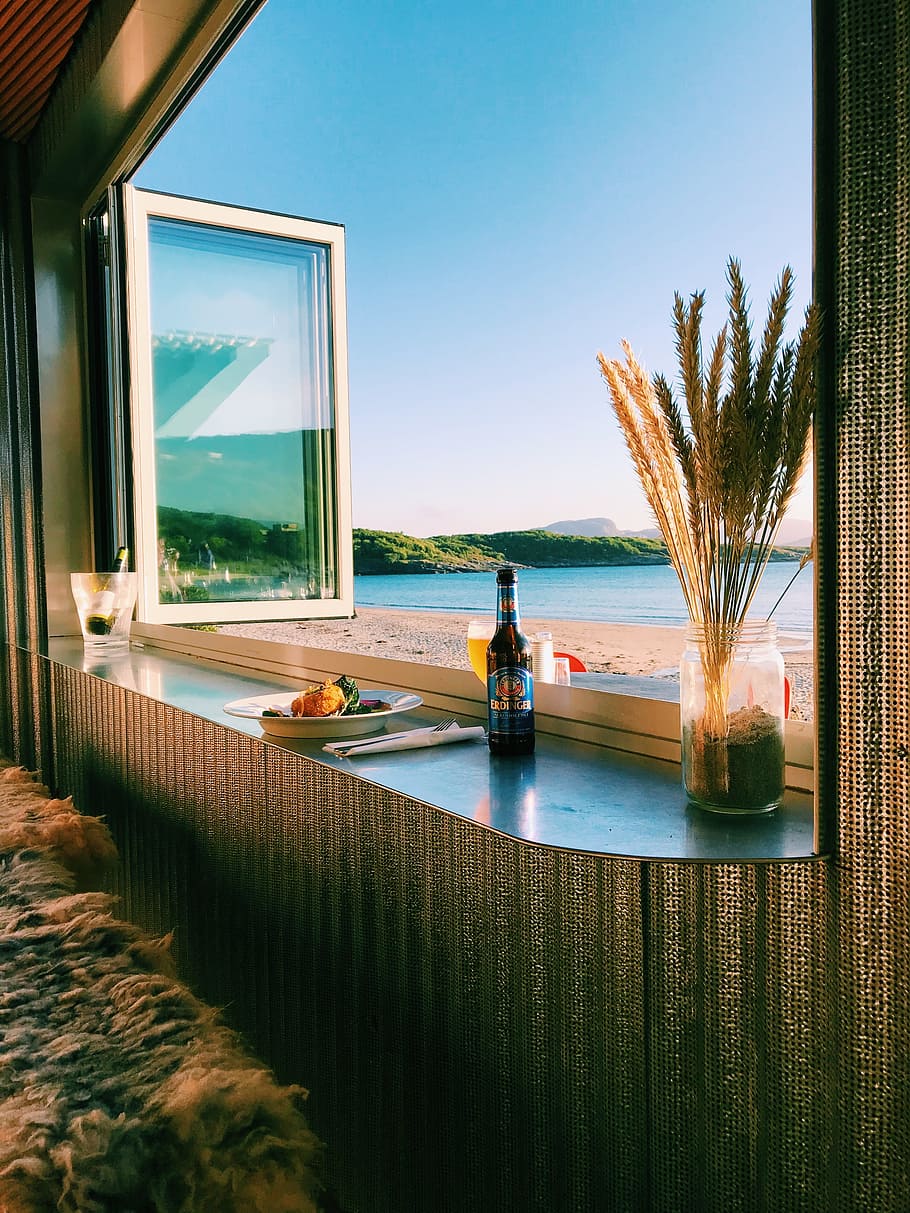 Window Ledge, architecture, beach, drink, norway, ocean, sea HD wallpaper