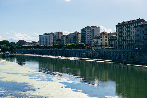 Po river in Turin, architecture, beautiful, blue, bridge, building HD wallpaper