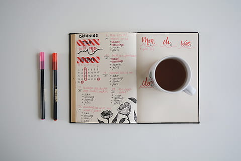 stationary, flatlay, coffee, planner, journal, bullet journal HD wallpaper