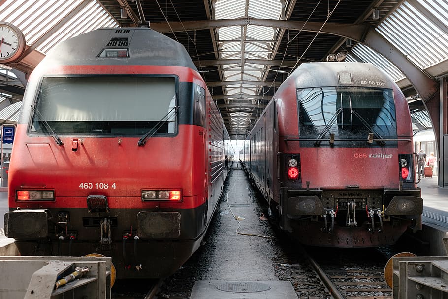 two red trains, rail, railway, transportation, train track, vehicle, HD wallpaper