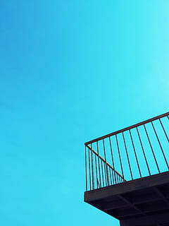 handrail, banister, railing, triangle, balcony, staircase, azure sky HD wallpaper