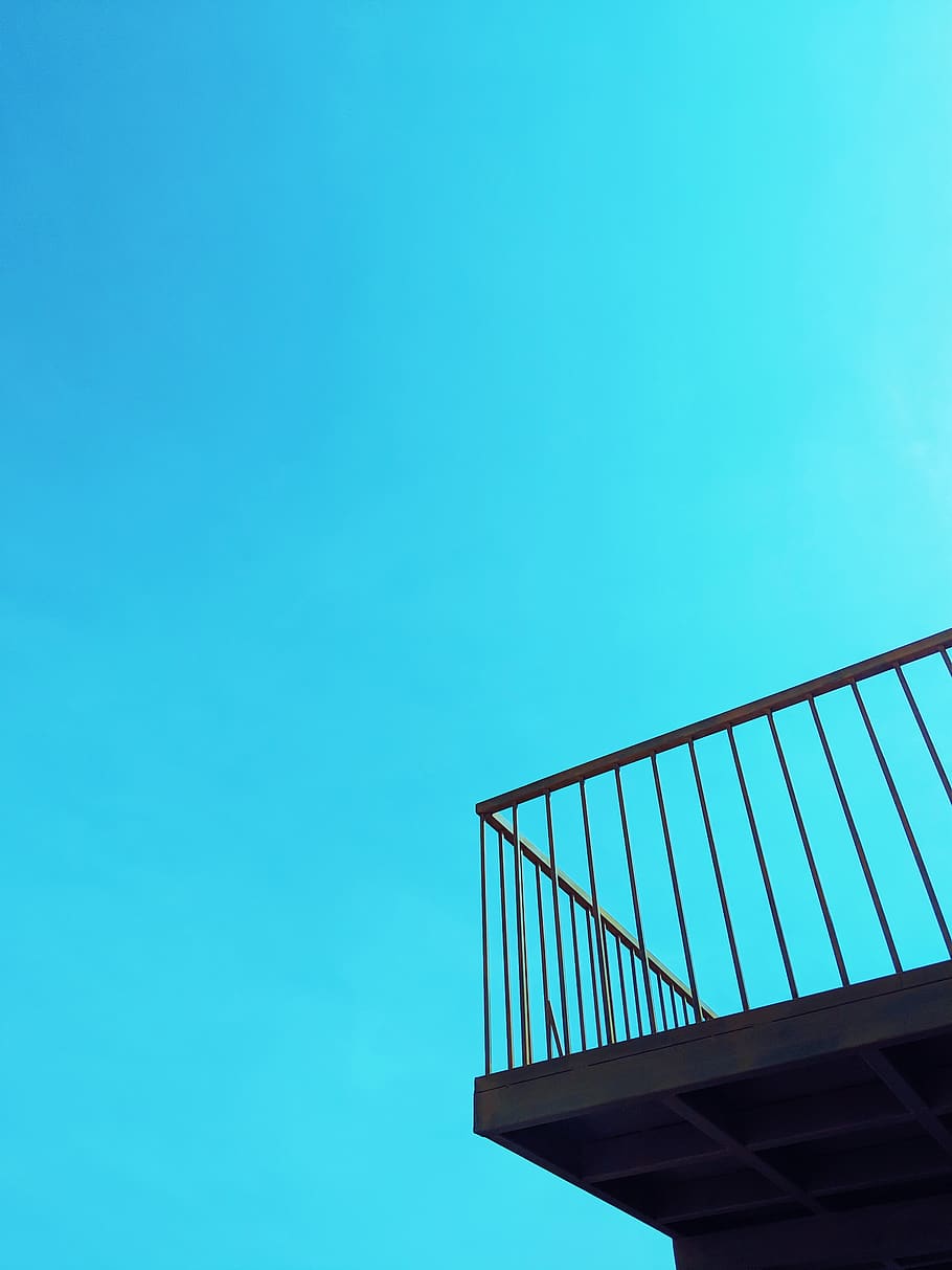 handrail, banister, railing, triangle, balcony, staircase, azure sky HD wallpaper