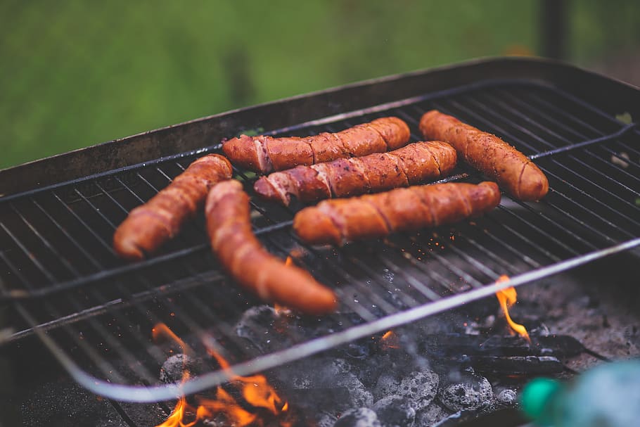 Sausages on the grill, barbecue, beef, bratwurst, burn, charcoal HD wallpaper