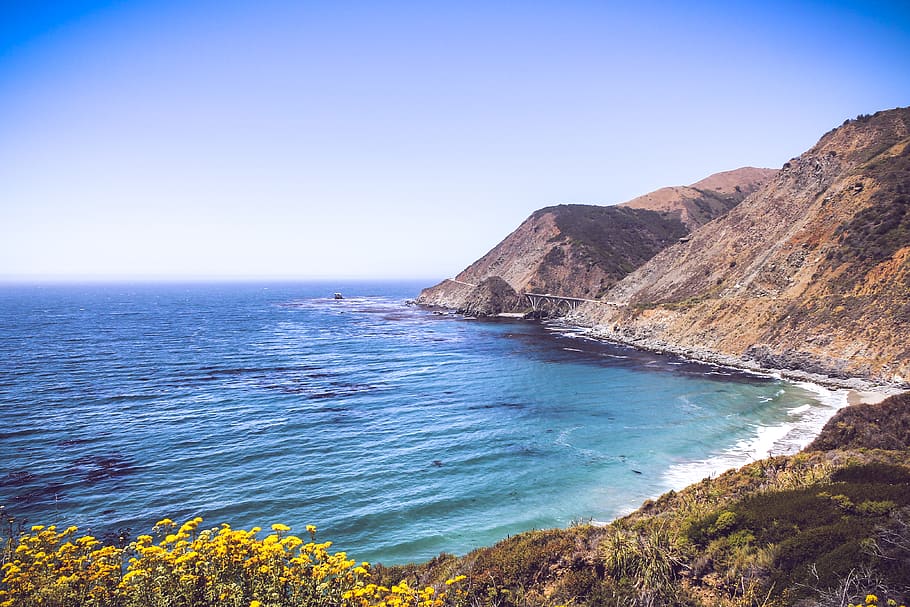 california, pacific ocean, bridge, highway 1, water, sea, beauty in nature, HD wallpaper