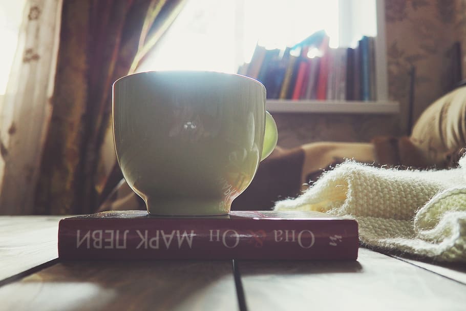 cup, room, book, knitting, light, window, still life, indoors HD wallpaper