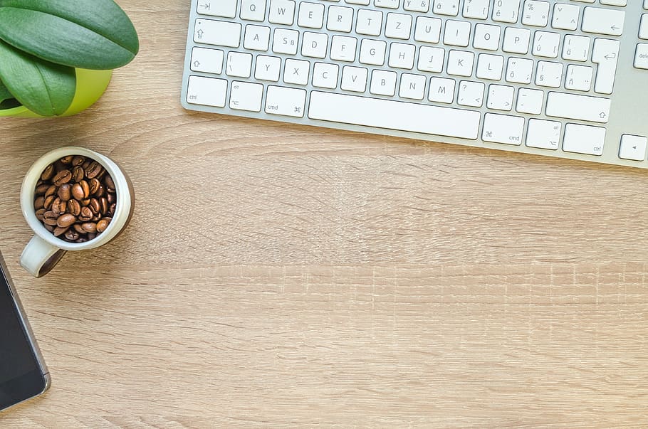 Coffee Beans in Mug, close-up, cup, keyboard, mobile, phone, plant HD wallpaper