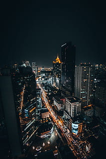 aerial view of buildings, night, urban, city, road, streetlight HD wallpaper