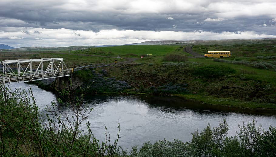 iceland, drumboddsstaðir, river, bridge, bus, nature, water HD wallpaper