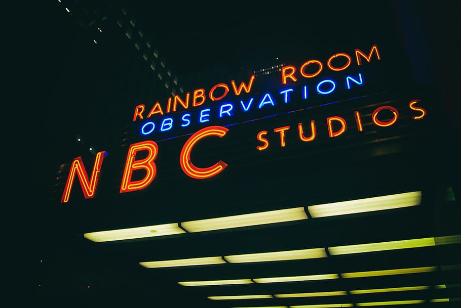 signage, studios, lights, dark, night, text, neon, illuminated HD wallpaper